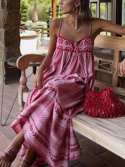 Häkel-Patchwork-Strick-Slip-Maxikleid im Ethno-Stil