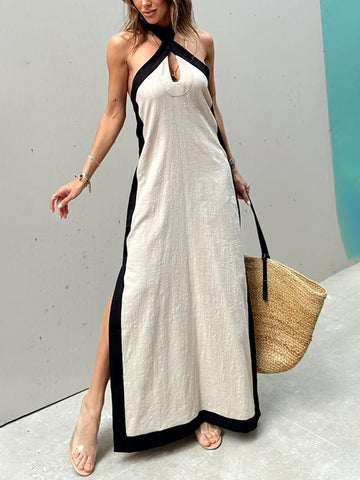 Farbblock-Maxikleid mit Neckholder und Schlitz