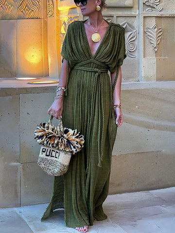 Drapiertes Kimono-Maxikleid mit Schlitz und Zöpfen