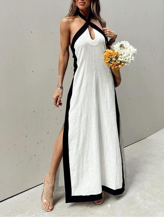 Farbblock-Maxikleid mit Neckholder und Schlitz