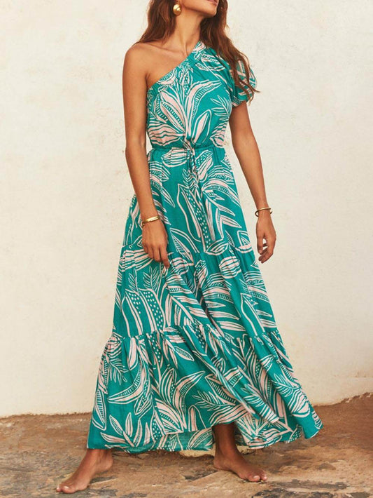 Schulterfreies Blumenkleid im Urlaubsstil mit Palmblatt-Print