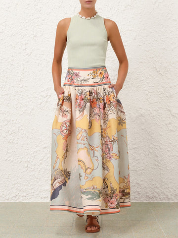 Nautical Map Print Midi Skirt