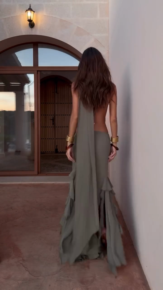 Olive Green Asymmetric Maxi Dress Set