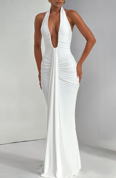 Plunge Halter Neck Ruched Maxi Dress