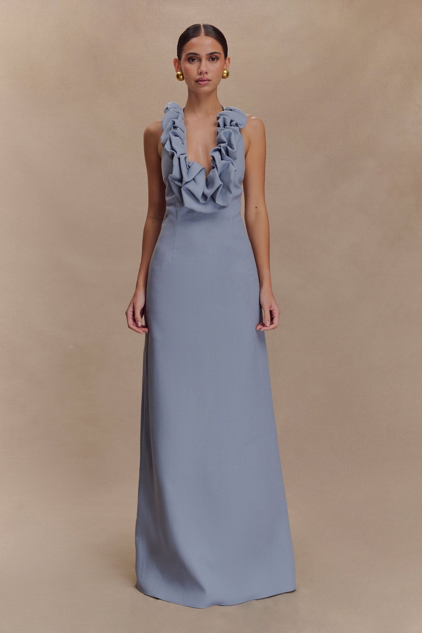 Ruffled Halter Maxi Dress with Open Back