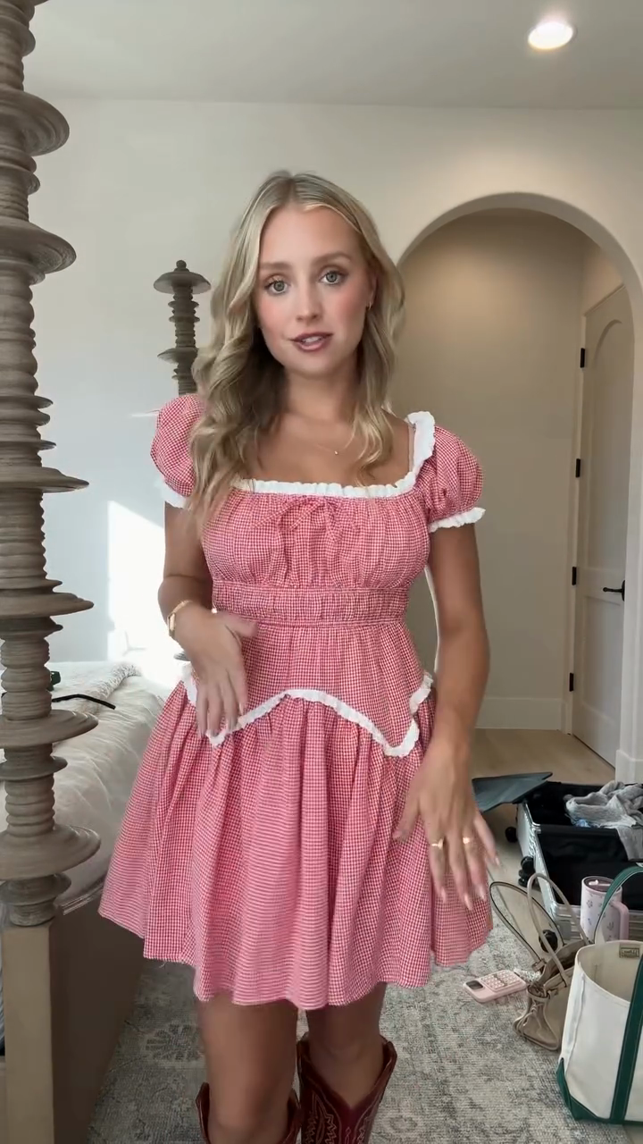 Pink Plaid Square Neck Mini Dress