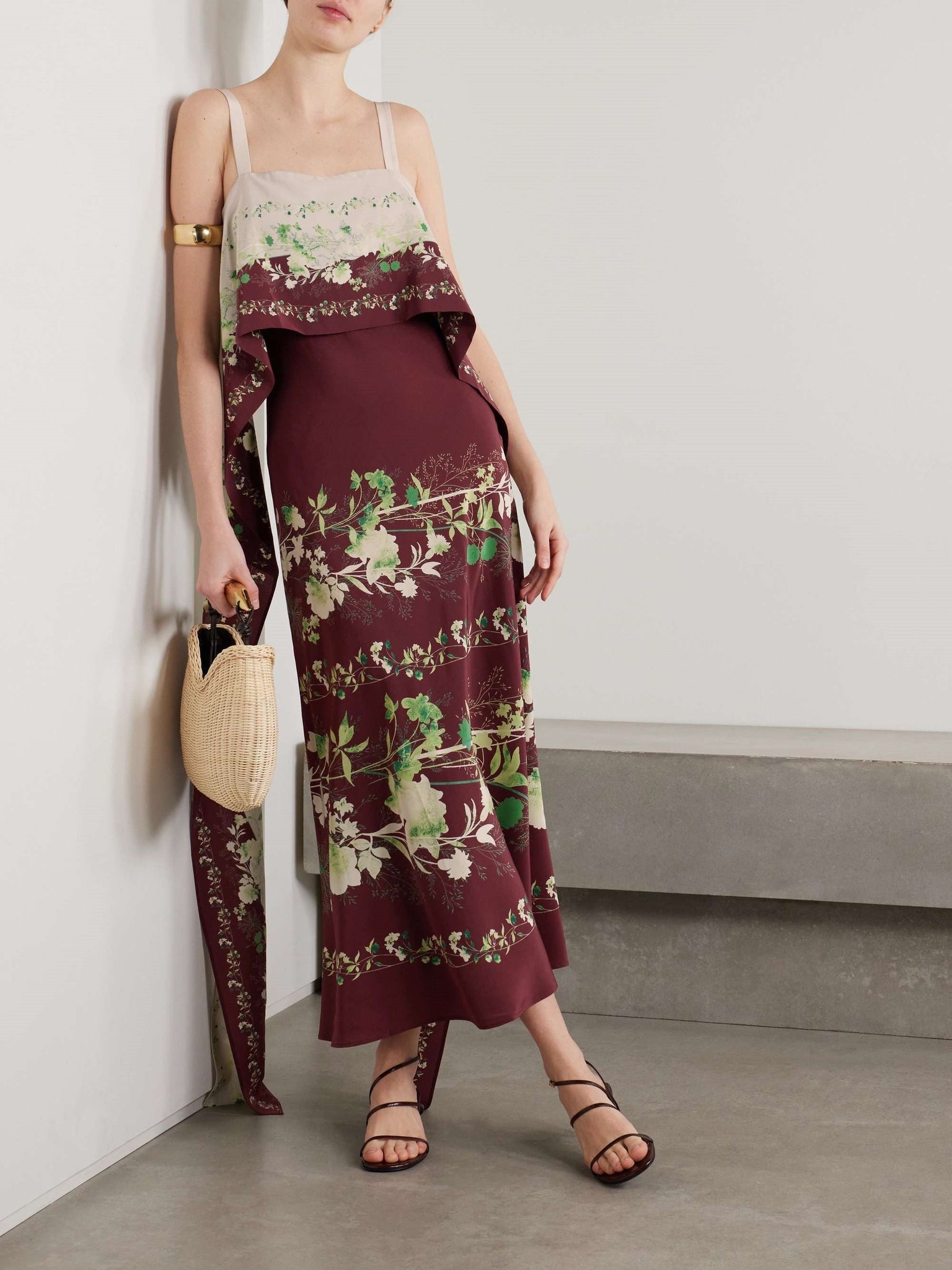 Draped Floral-Print Midi Dress
